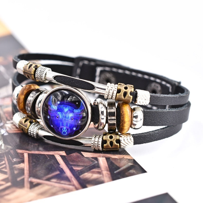 Woven Leather Bracelet With Three Layer Beads And Metal Accents Retro Ethnic Patterned Distressed Constellation