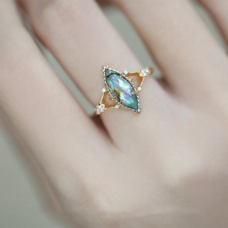 Abalone Shell White Crystal Patchwork Ring Gold Plated Copper Three Dimensional Design Statement Jewelry Classic