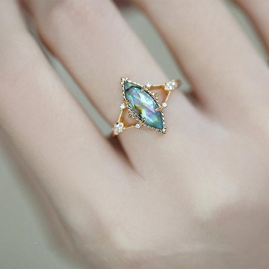 Abalone Shell White Crystal Patchwork Ring Gold Plated Copper Three Dimensional Design Statement Jewelry Classic