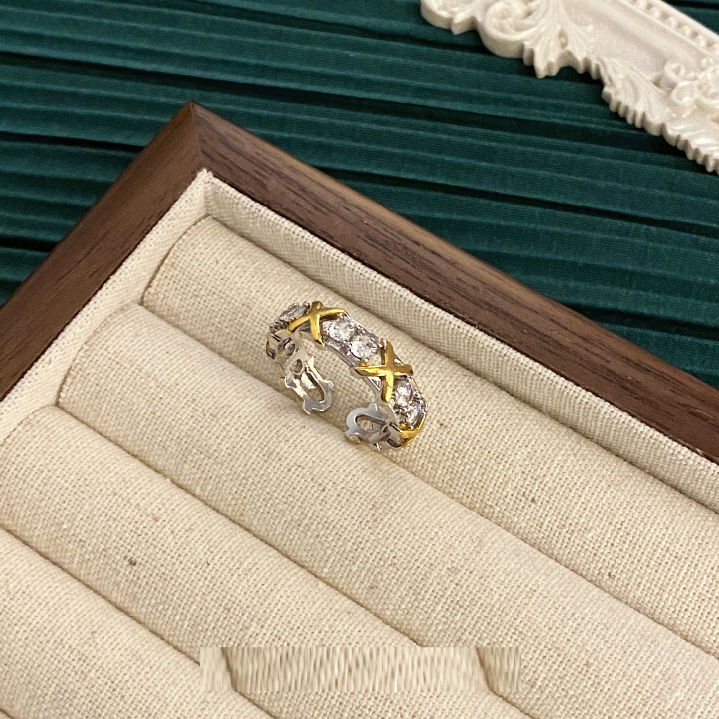 Two Tone Zircon Ring Adjustable Geometric Alloy Ring with Rhinestones for Women Fashion Jewelry SparklingStyle