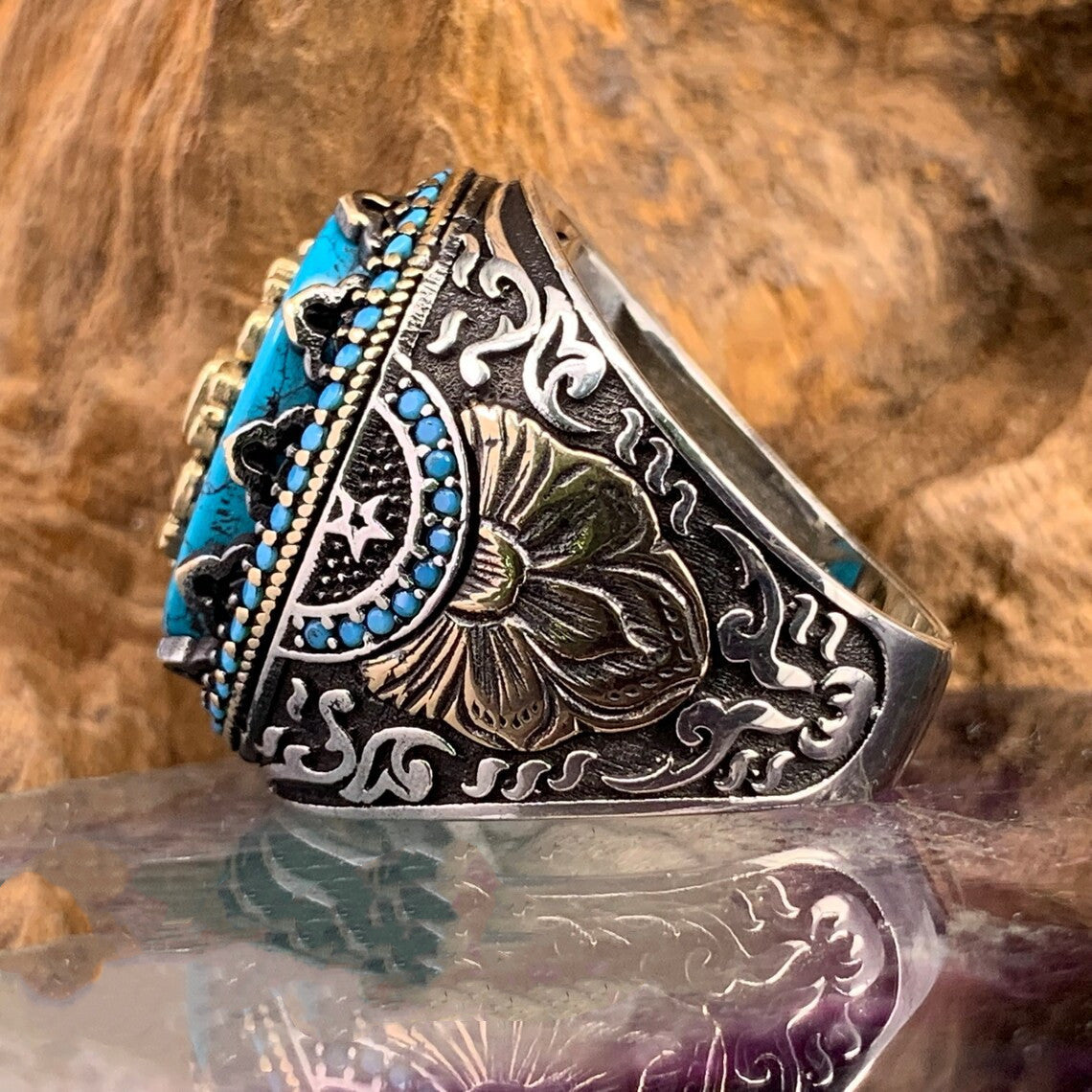 Turquoise Gemstone Embossed Pattern Ring Two Color Alloy Style Jewelry For Women European Modern Fashion Rings