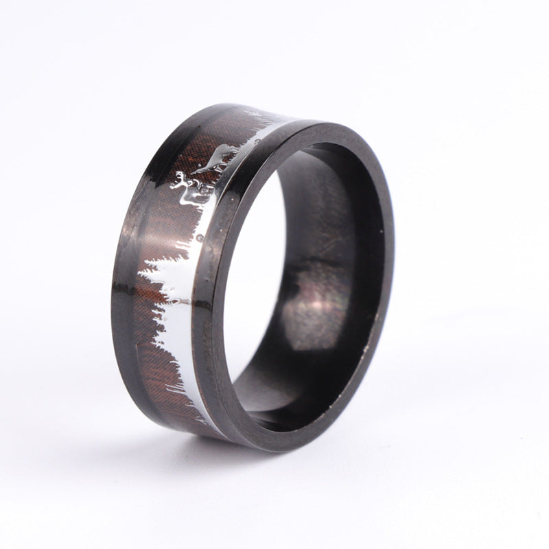 Mens Stainless Steel Ring With Wood Grains Silhouette Geometric Fashion Bands Durable Modern Jewelry Accessory