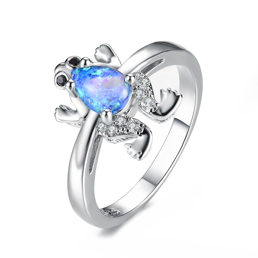 Womens White Opal Frog Ring European Geometric Copper Ring Electroplated Metal Jewelry Fashion Ring for Women or Girls Elegant Ring