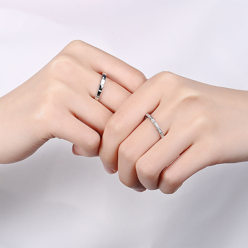 Bamboo Couple Rings Set For Him And Her Adjustable Silver Plated Open Rings Anniversary Jewelry Gift Ins Style