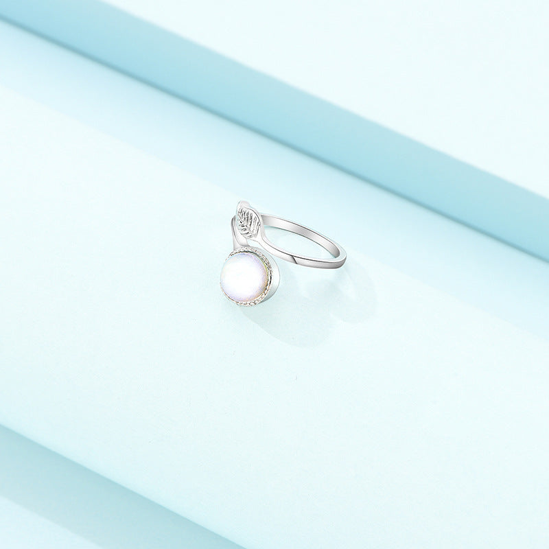 Adjustable Moonstone Ring With Feathered Design Korean Geometric Alloy Electroplated Ring Fashionable Statement