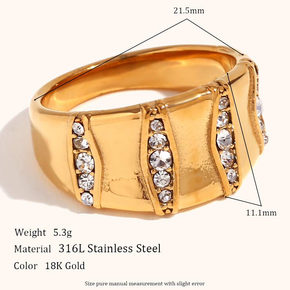Stainless Steel Ring With Vertical Stripes Micro Inlaid Rhinestones 18K Gold Plating Band For Women Glam Style