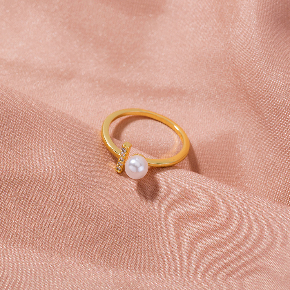 Adjustable Copper Ring Zircon T Shaped Gold Pearl Accent