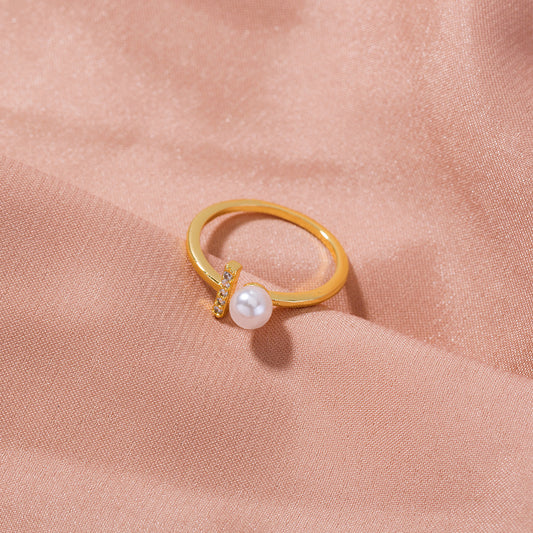 Adjustable Copper Ring Zircon T Shaped Gold Pearl Accent