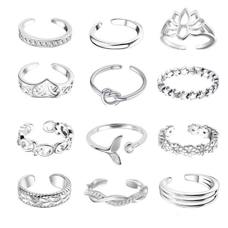 Womens Toe Ring Set Twelve Pieces Alloy Lotus Rhinestone