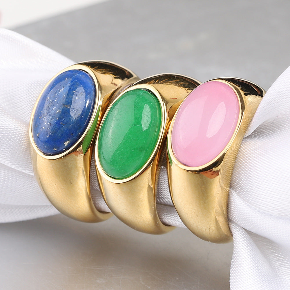Womens Stainless Steel Mosaic Oval Natural Stone Ring Golden Green Pink Blue Accents Jewelry Elegant Statement