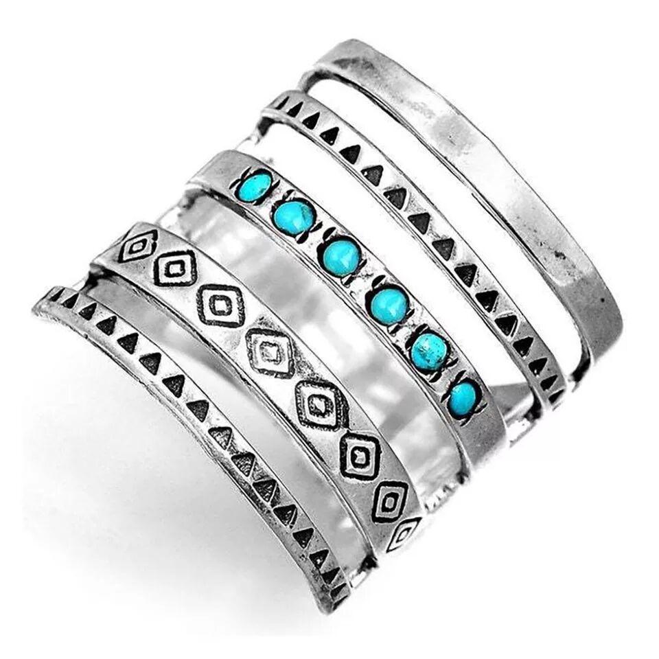 Womens Vintage Turquoise Ring Antique Silver Electroplated Alloy Fashion Ring Hollowed Statement Jewelry Ring