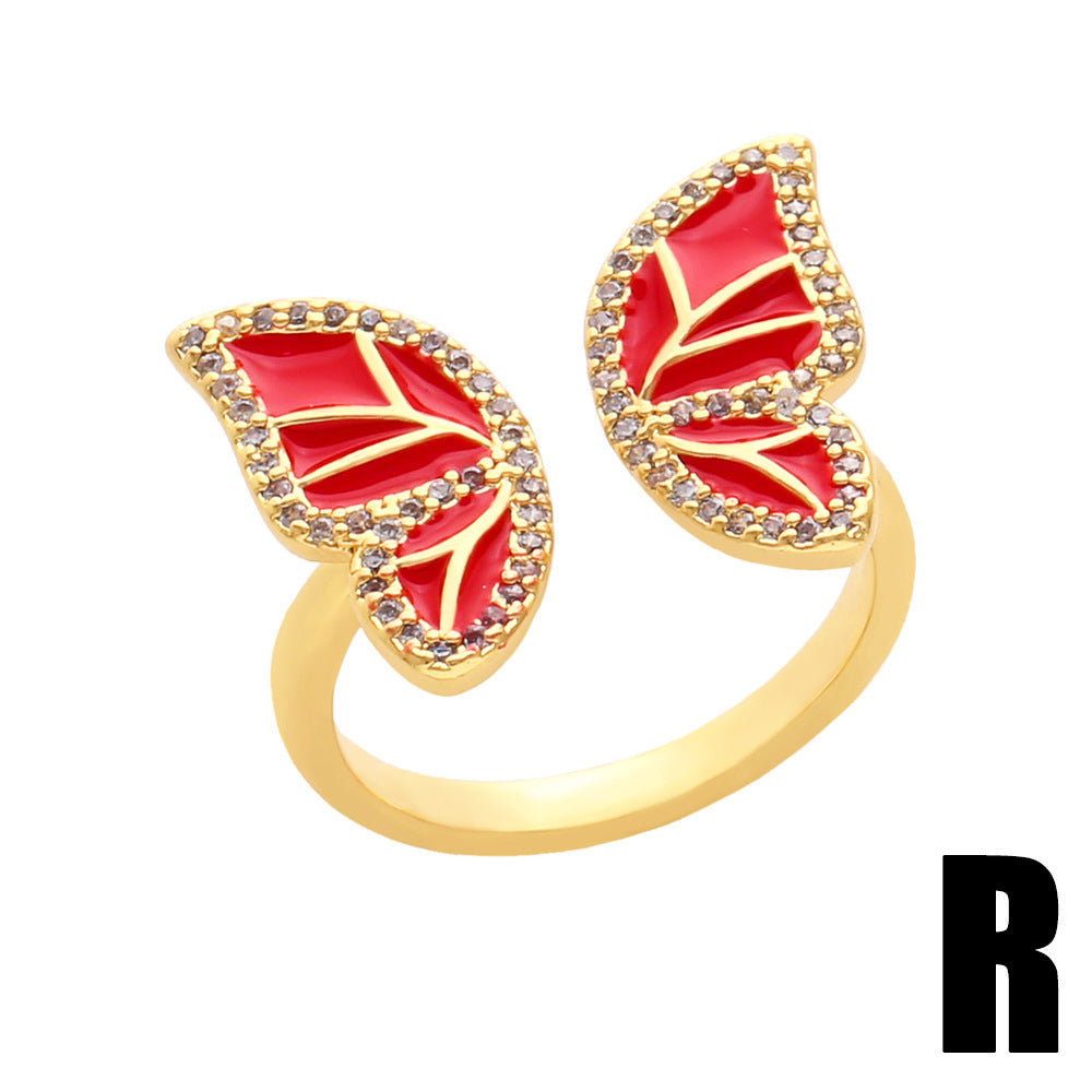 Women's Butterfly Ring Copper Adjustable Zircon Oil Drop Jewelry Elegant Fashion Accessory with Sparkling Zircon
