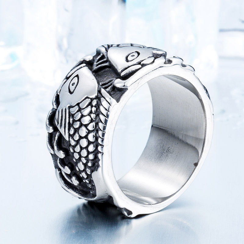 Pisces Embossed Ring Exquisite Stainless Steel Mens Zodiac Animal Ethnic Style Titanium Baking Varnish Type Us