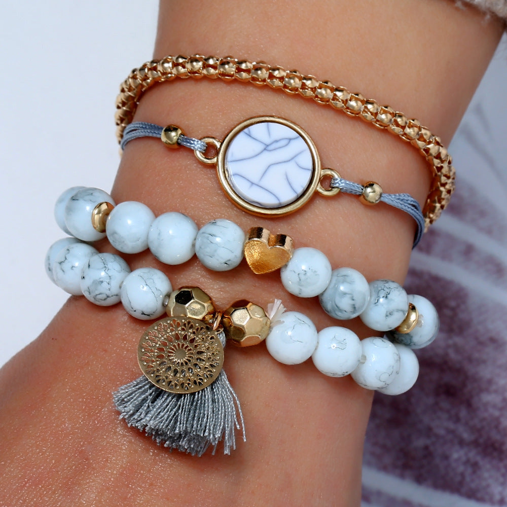 Unisex Vintage Turquoise Tassel Bracelet With Round Stone Accent Zinc Alloy Jewelry Travel Gift Commemorative Edition