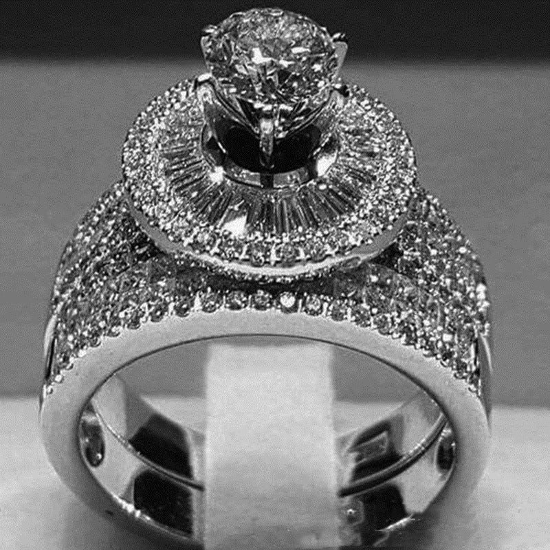 Unisex Geometric Alloy Eight Claw Ring Gold Plated Inlaid Gems Silver Color Band For Engagement And Fashion On