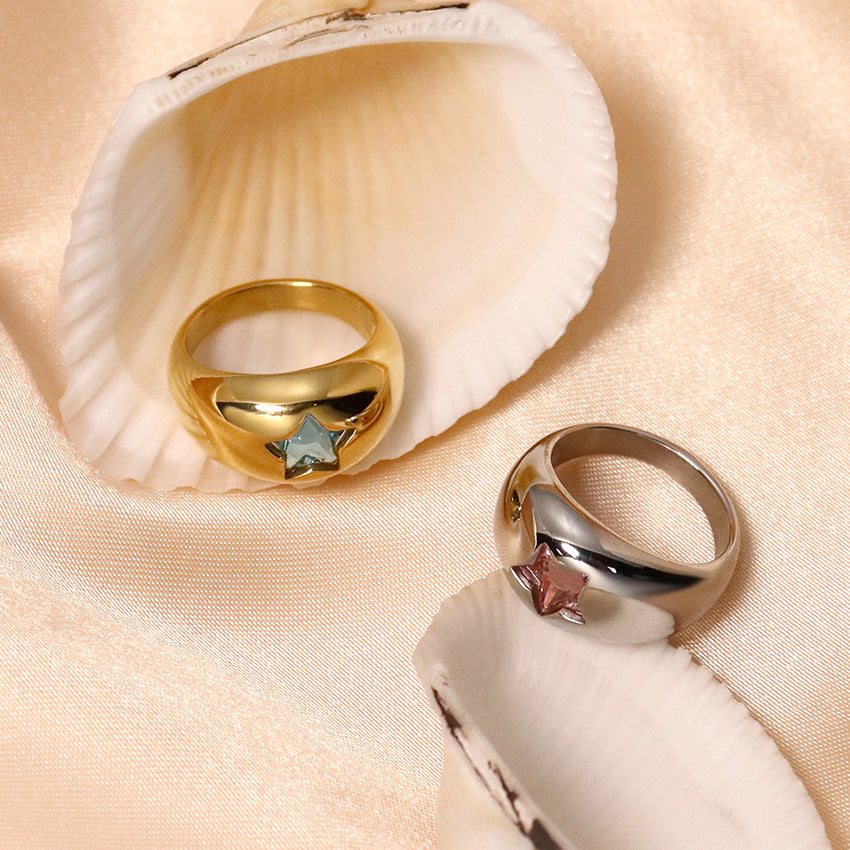 Womens Titanium Steel Gold Ring Pentagram Design Geometric Hexagon Zirconia Micro Inlaid European Fashion Ring