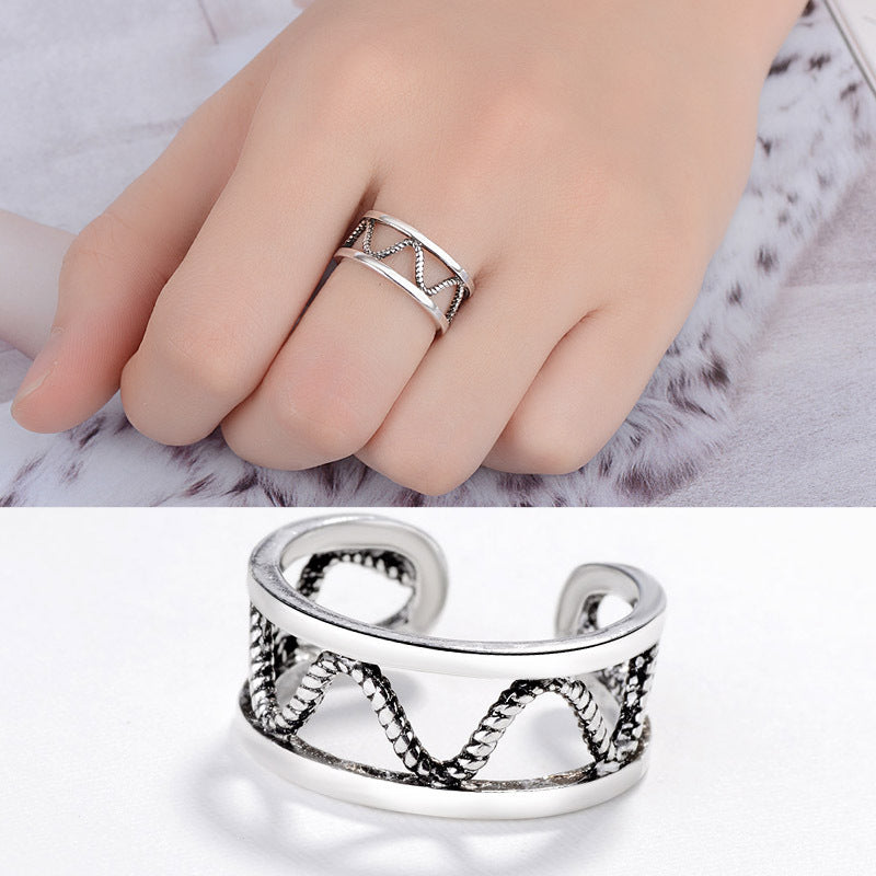 Womens Vintage Ring Double Layer Wave Adjustable Geometric Design Thai Silver Metal Gift Holiday Individually Packed