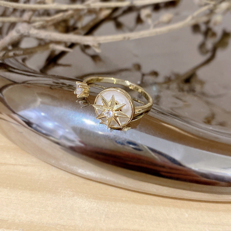 Womens Eight Pointed Star Rotating Ring Adjustable Opening Gold Plated Copper Ring Zircon Japanese Korean Fashion