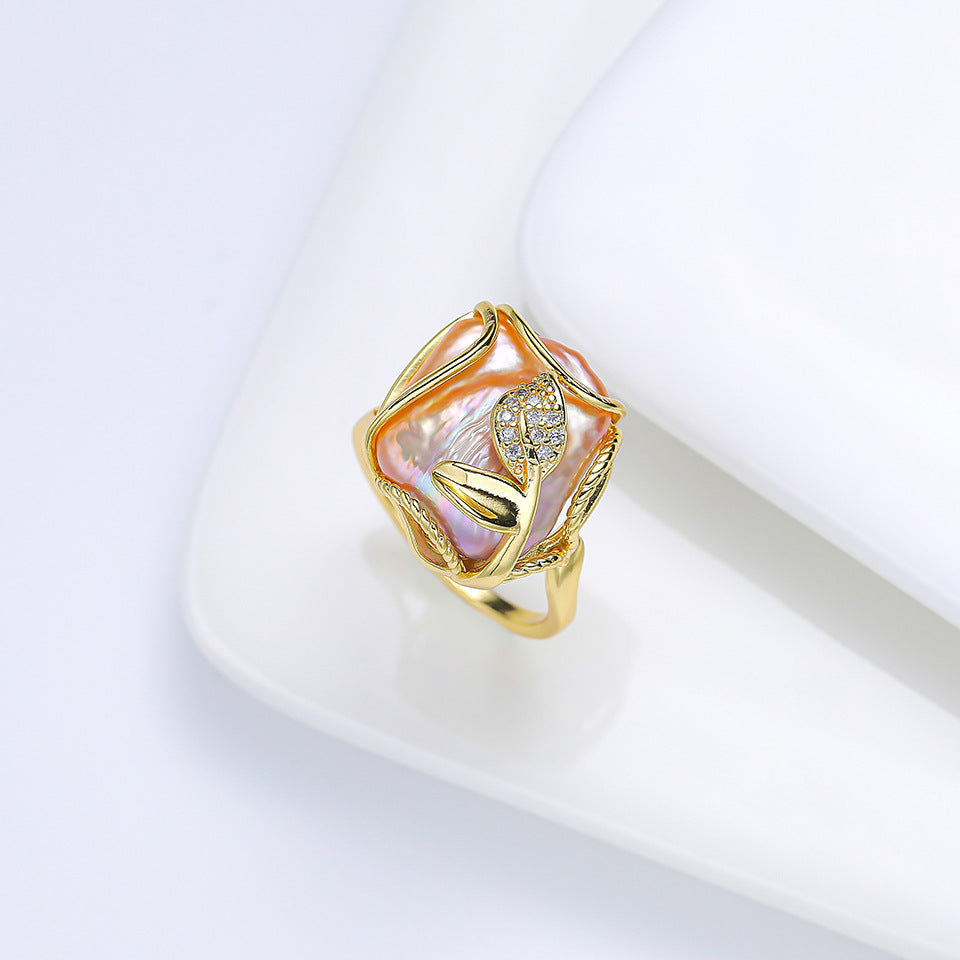 Geometric Baroque Freshwater Pearl Ring Inlaid Open Adjustable Jewelry Statement Piece Elegant Design Classics