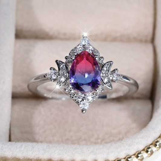 Copper Crown Ring Women Water Drop Tourmaline Style Fashionable Personality Statement Jewelry Silver Rose Blue