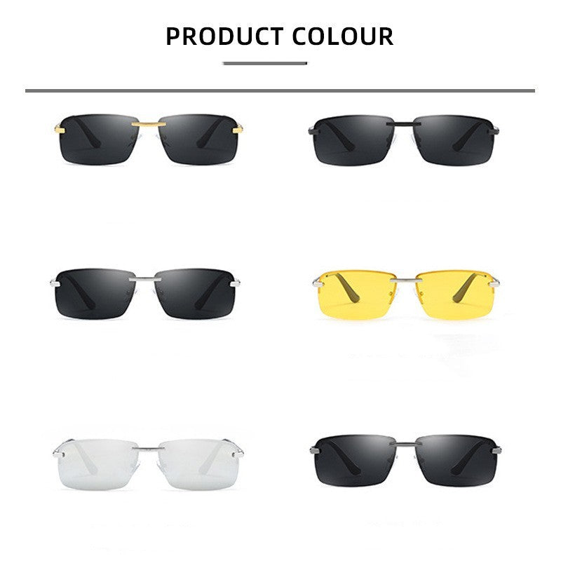 Mens Polarized Sunglasses Frameless Metal Frame PC Lens Driving Cycling Fishing Sunglasses Night Vision FilmHD