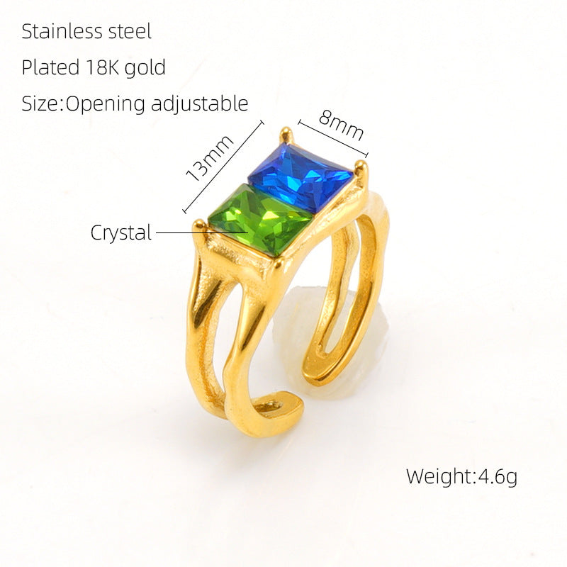 Women's Stainless Steel Ring with Moonstone Gem Irregular Geometric Lines and Heart Diamond Shape Accents Adjustable Opening European American Retro Ring