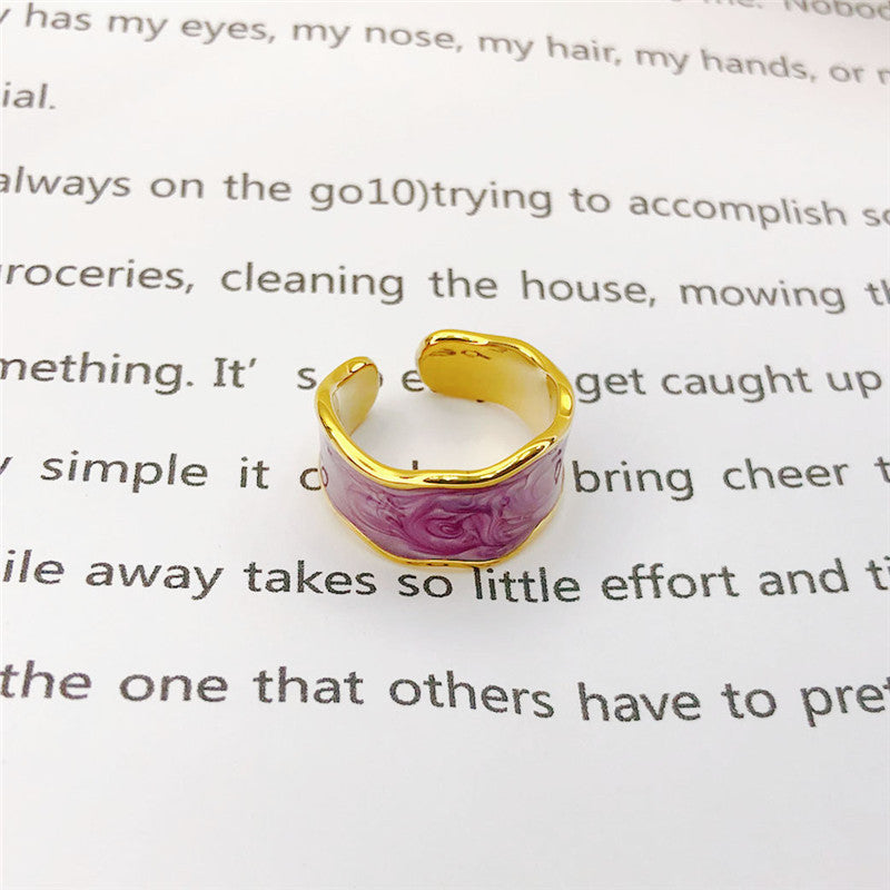 Women Adjustable Enamel Ring With Geometric Design 18K Gold Plated Copper Band Fashion Jewelry For Everyday Chic Style