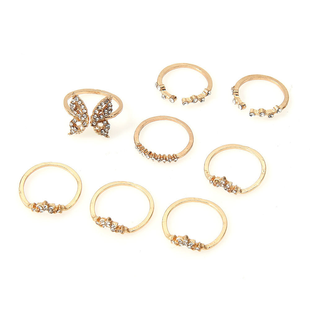 Butterfly Ring Set For Women 8 Piece Alloy Inlaid Gem Rings European American Fashion Gold Trendy Jewelry Gift