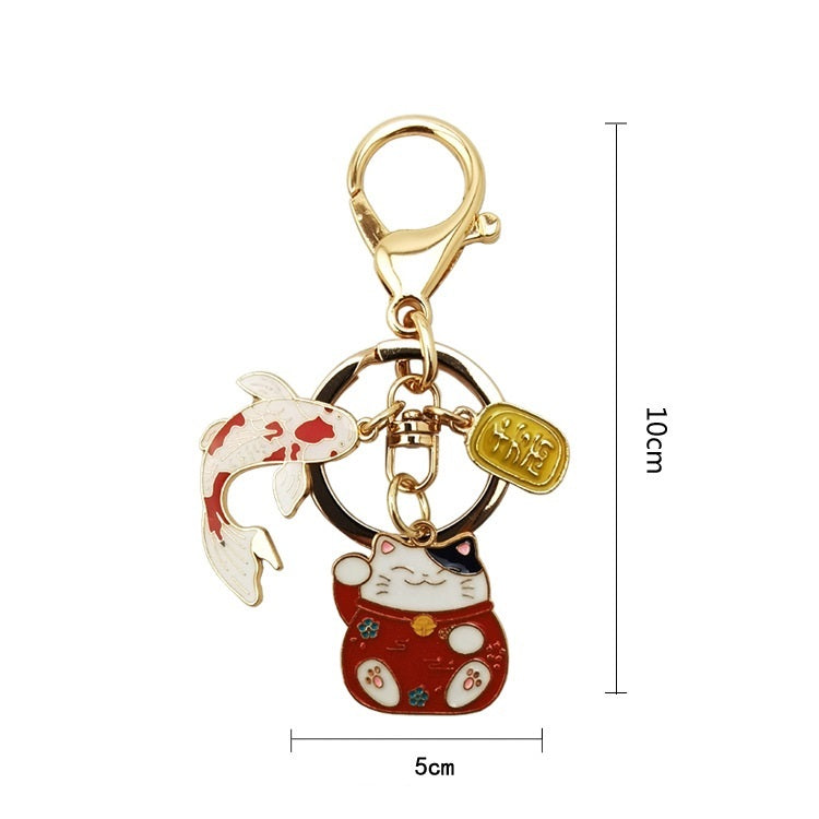 Red Fortune Cat Keychain Car Charm Metal Lucky Charm Gift Bag Ornament Chinese Style Key Ring Durable Finish 2