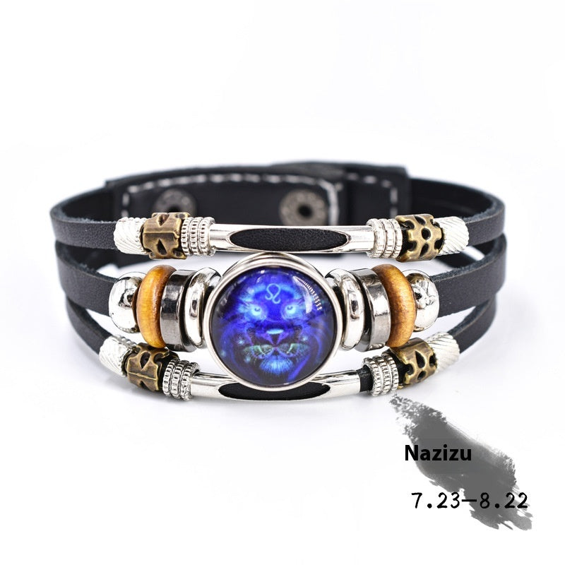 Woven Leather Bracelet With Three Layer Beads And Metal Accents Retro Ethnic Patterned Distressed Constellation