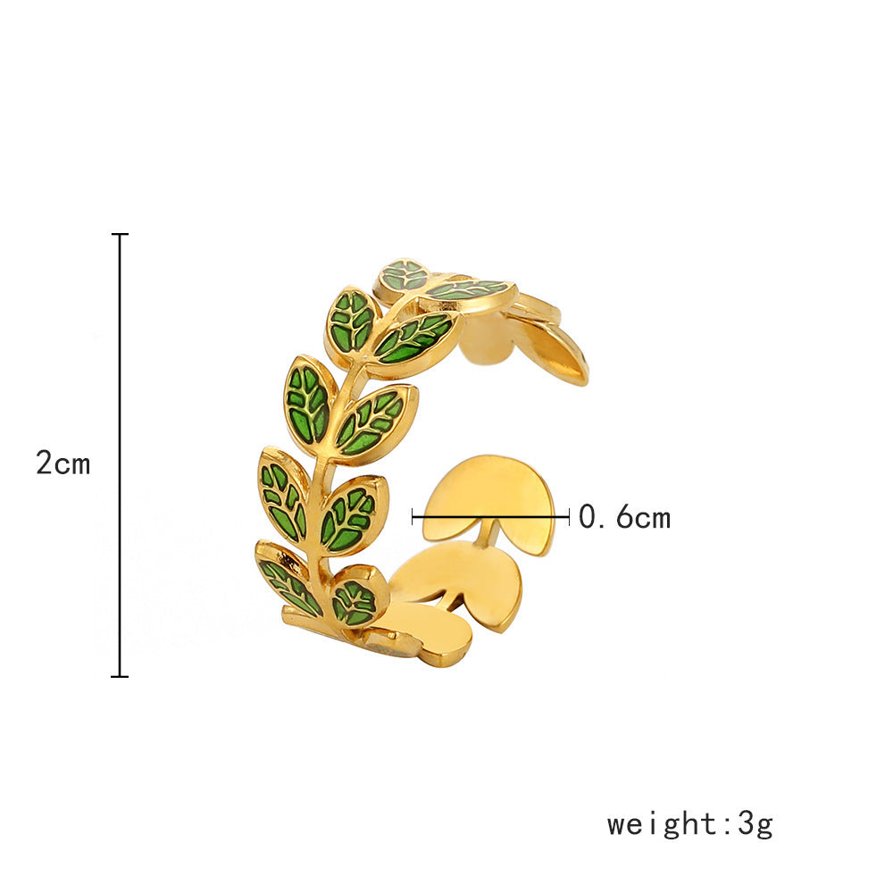 Womens Stainless Steel Wheat Ring Adjustable Open Design With Electroplated Emerald Green Finish Jewelry Gleams