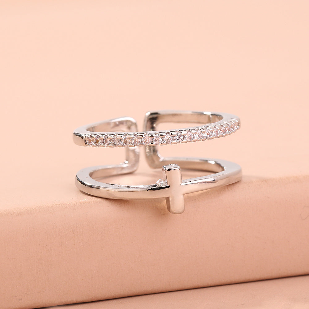 Adjustable Copper Ring With Zircon Cross Double Layer Brass