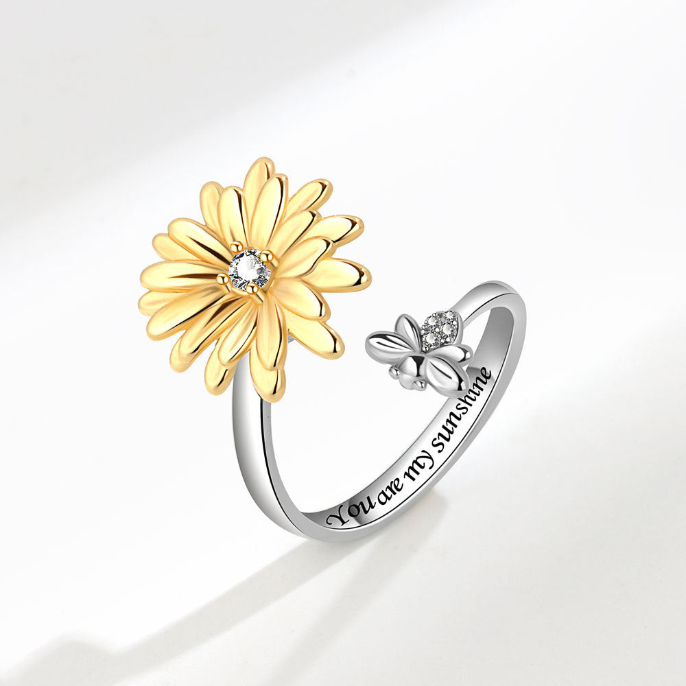 Womens Spinning Ring Sunflower Daisy Adjustable Copper Electroplated Fashion Jewelry Gift For Her Everyday Gem