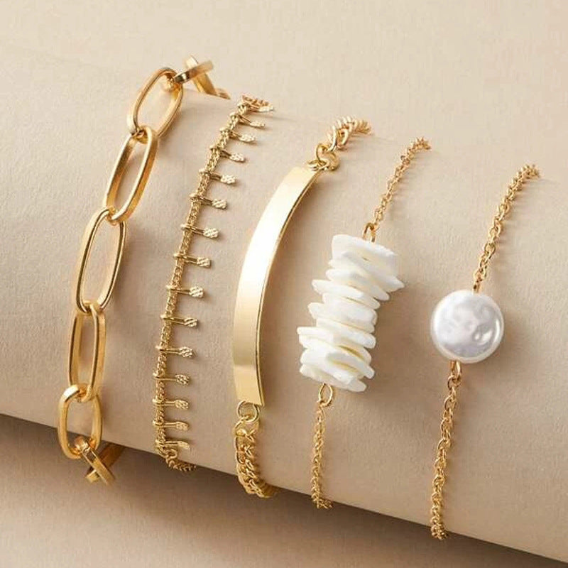 Unisex Geometric Alloy Bracelet Set With Ethnic Rice Beads Electroplated Finish Four Pieces Jewelry Collection