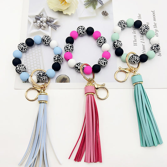 Wooden Bead Keychain Leopard Pattern White Background 21cm Length Round Beads For Pendants Bracelets Keychains