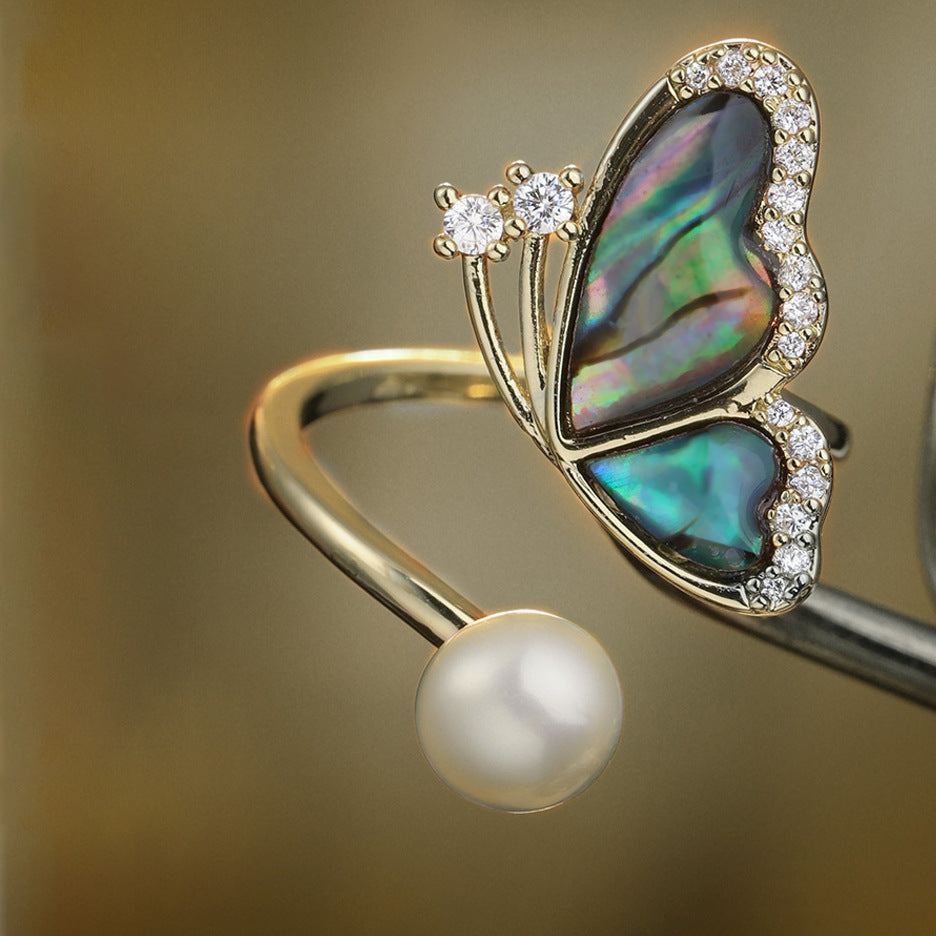 Butterfly Pearl Ring Adjustable Copper Jewelry For Her Gift