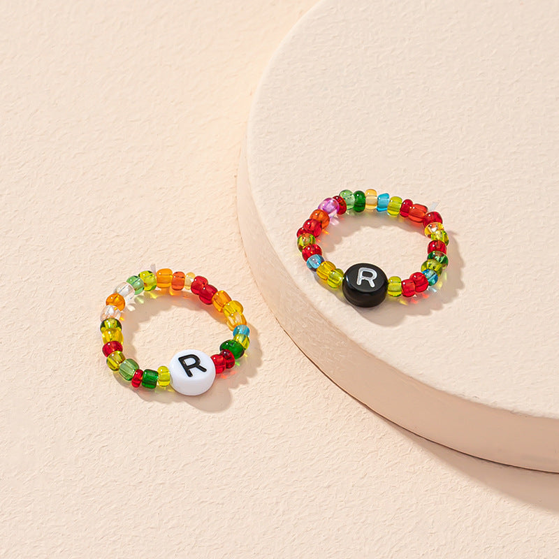 Beaded Letter Initial Ring For Ladies And Men Resin Alphabet Trendy Korean Geometric Ethnic Retro Jewelry Gift