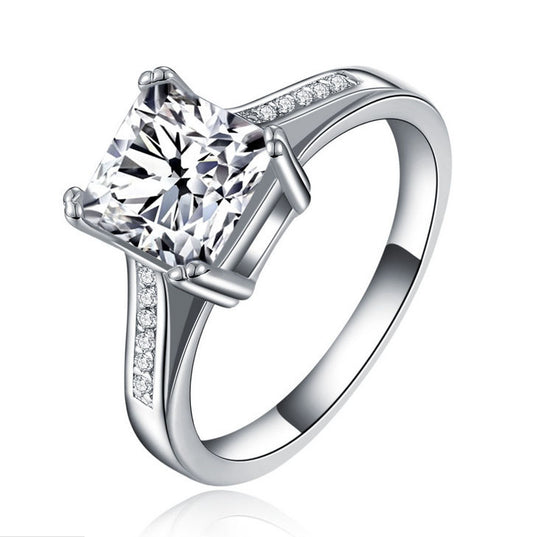 Womens Square Diamond Zircon Ring Silver Plated Copper Geometric Design Fashion Jewelry Accessory Elegant Gift