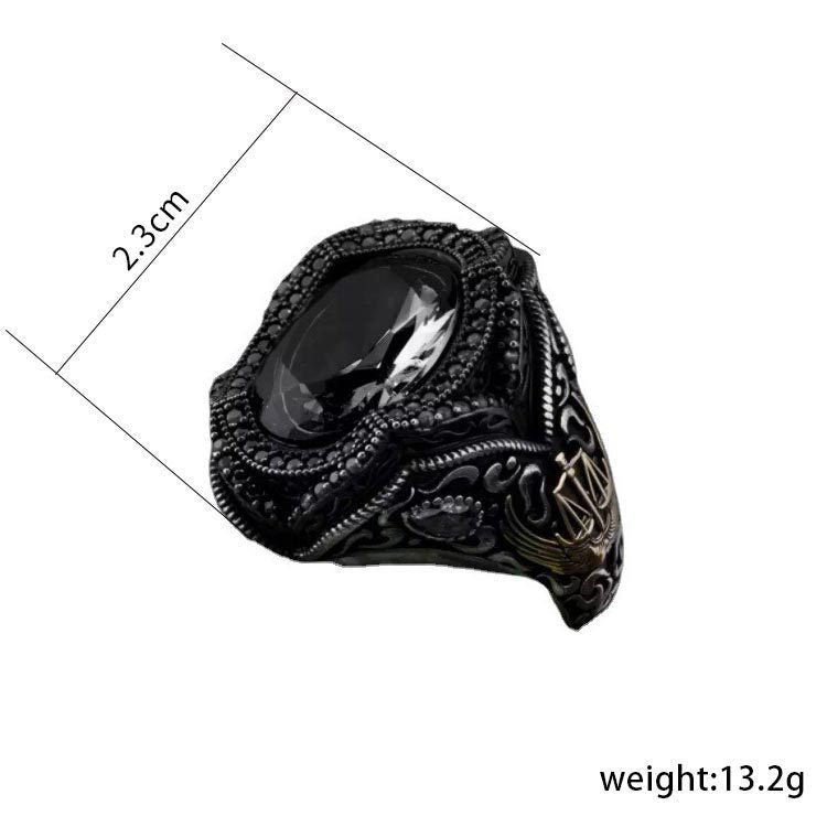 Mens Adjustable Ring Black Gemstone Copper Two Tone Geometric Design Ring For Men Retro Scales Pattern Details Today