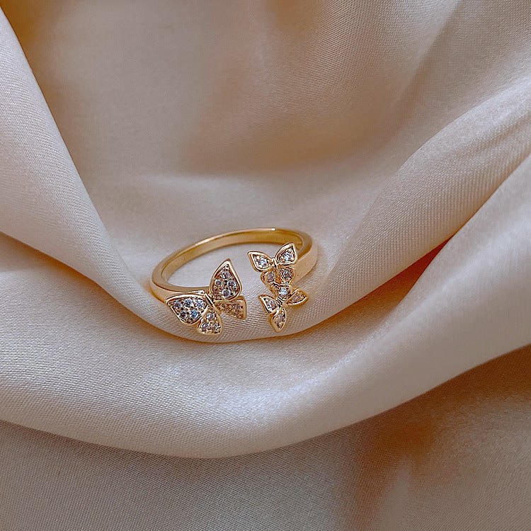 Real Gold Plated Butterfly Ring With Zircon Inlay In Alloy Open Adjustable Band For Women Gift Korean Style Jewelry