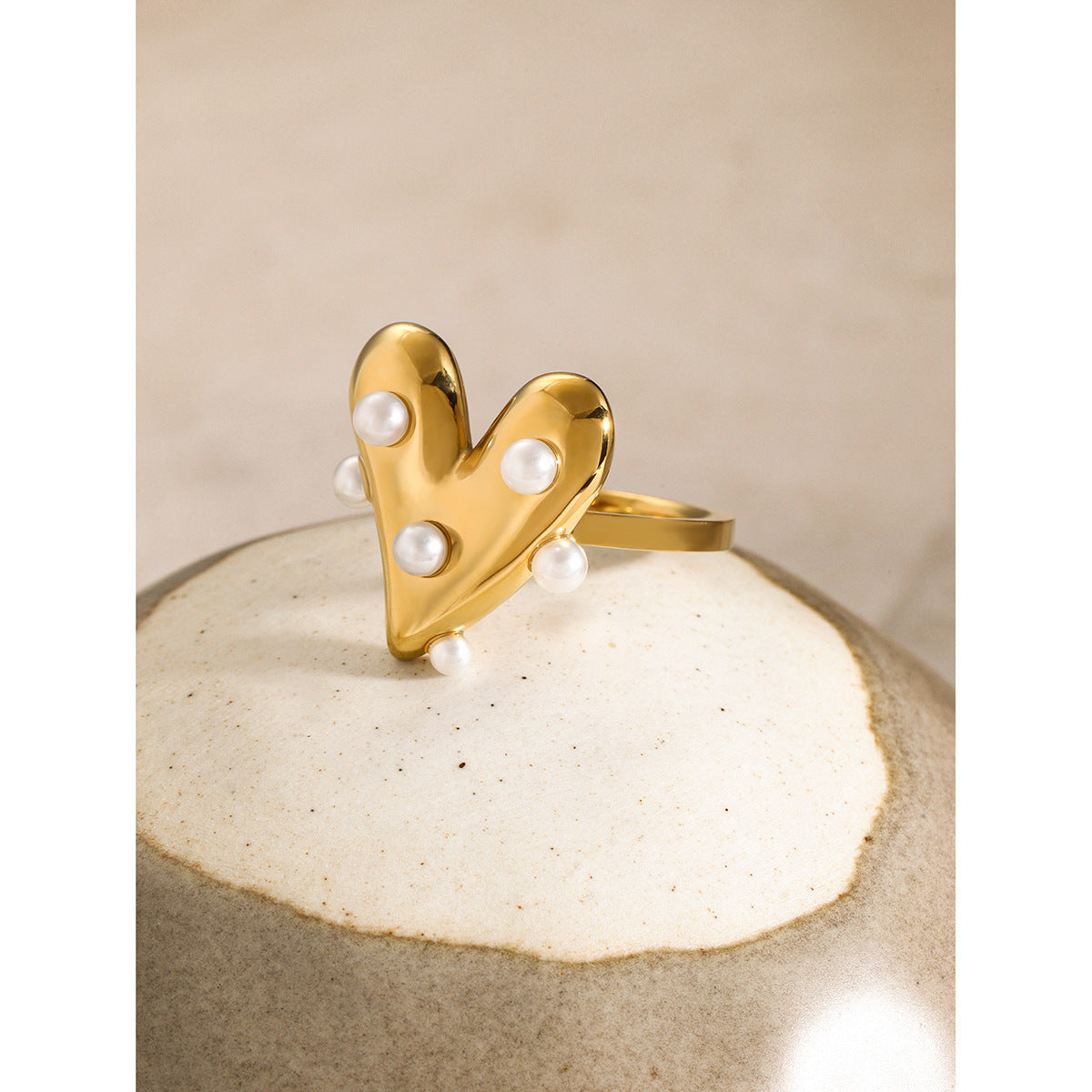 18K Gold Stainless Steel Ring Internet Celebrity Same Love Sticky Plastic Pearl