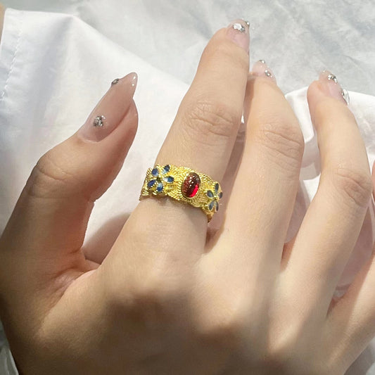 Adjustable Gold Plated Copper Ring With Silk Inlay In Burnt Blue Retro Lotus Orchid Design Open Ring For Women
