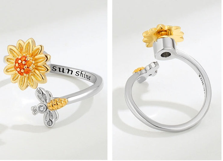 Adjustable Pressure Relief Opening Decompression Ring with Zircon Mosaic Sunflower Bee Geometry Size 15 Platinum Color
