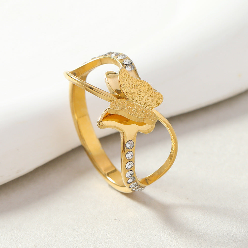 Womens Stainless Steel Double Layer Frosted Cross Ring Diamond Butterfly Geometric Design for Everyday Wear US