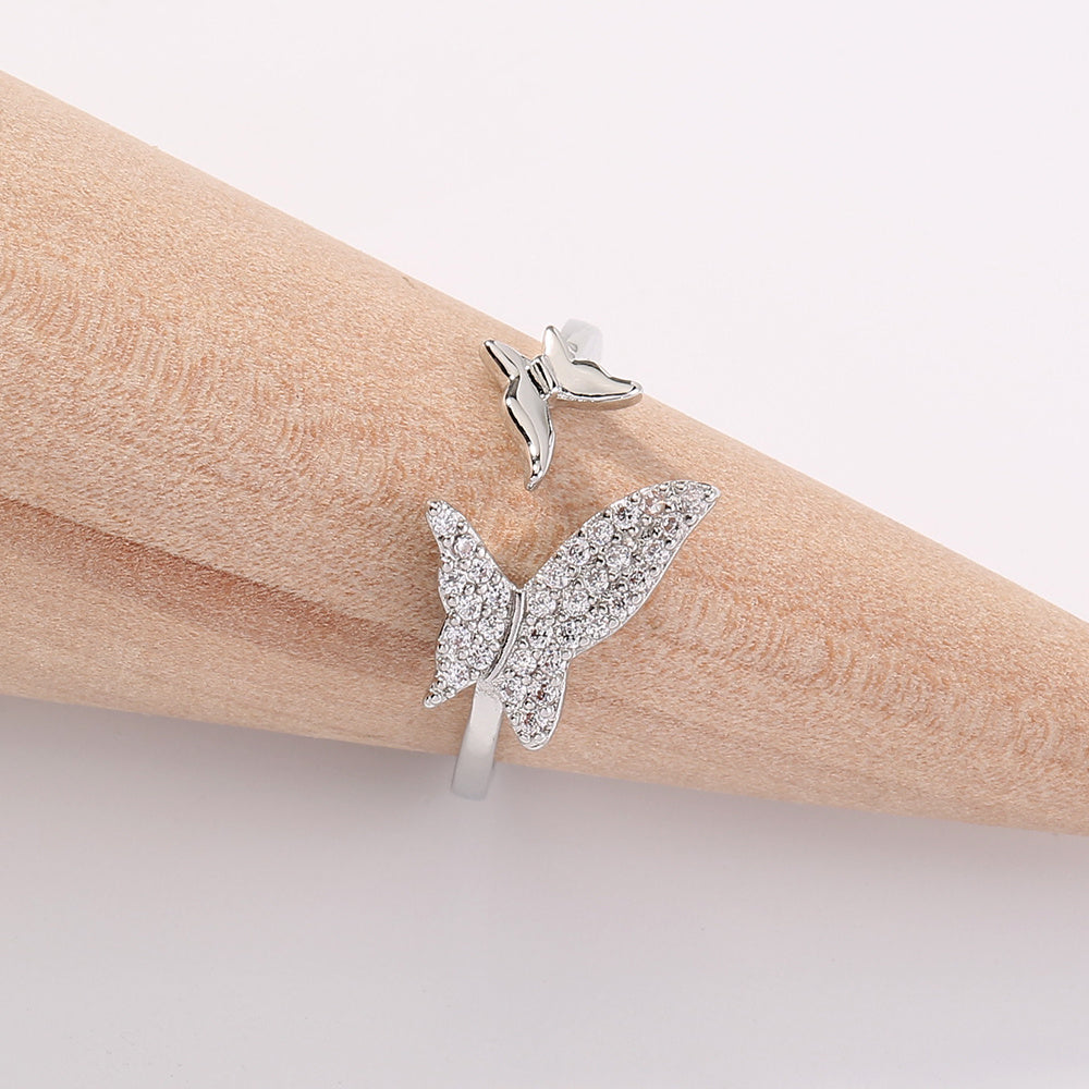 Adjustable Butterfly Ring for Women Open Ended Brass Ring with Electroplated Copper and Sparkling Zircon Shine