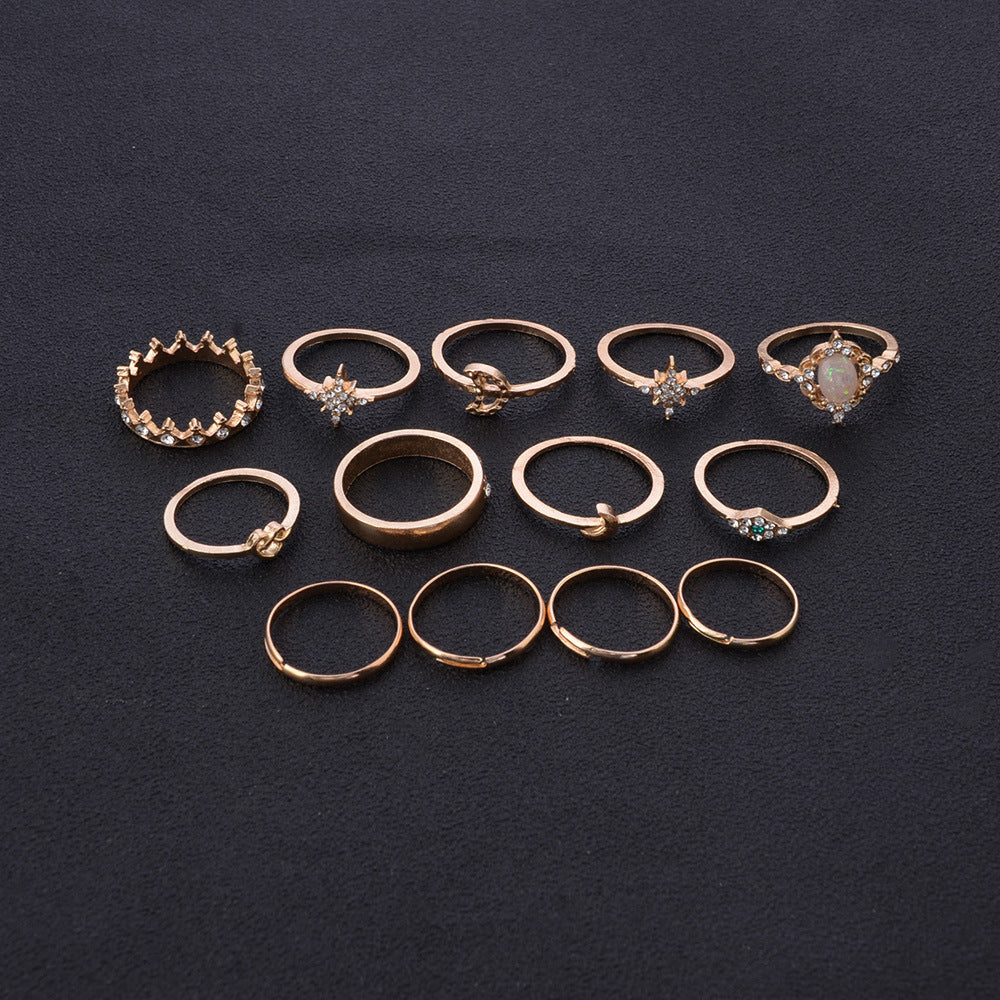 Womens Ring Set Vintage Crown Star Moon Design High Quality Alloy Jewelry Diamond Geometric European Americana