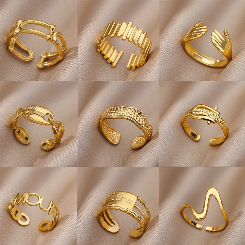 Womens Stainless Steel Ring Adjustable Geometric Open Ring Gold Inlaid Design Simple Band Fashion Everyday Wear Jewelry