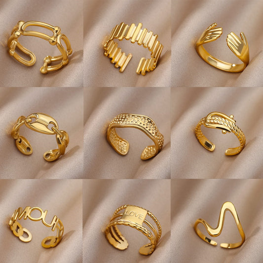 Womens Stainless Steel Ring Adjustable Geometric Open Ring Gold Inlaid Design Simple Band Fashion Everyday Wear Jewelry