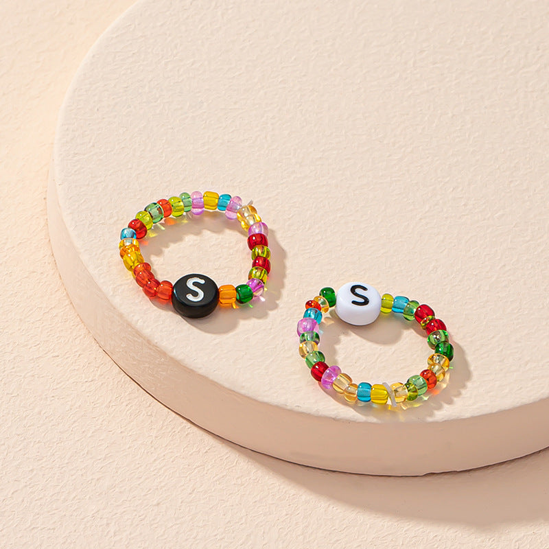 Beaded Letter Initial Ring For Ladies And Men Resin Alphabet Trendy Korean Geometric Ethnic Retro Jewelry Gift