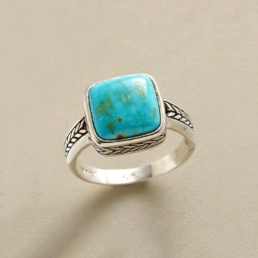 Womens Turquoise Inlaid Square Ring With Flower Design Alloy Geometric Fashion Jewelry Accessory For Women Now